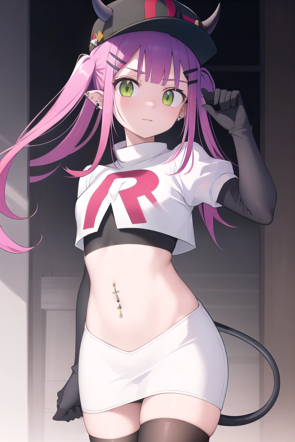 ((masterpiece)),(best quality),official art,extremely detailed CG,unity 8k wallpaper,ultra detailed,1girl,solo,cowboy shot,tokoyami towa,baseball cap,black headwear,colored inner hair,demon girl,demon tail,ear piercing,fake horns,green eyes,hair ornament,hairclip,hat,horned headwear,long hair,multicolored hair,navel piercing,pink hair,pointy ears,purple hair,sidelocks,twintails,streaked hair,tail ornament,tail piercing,team rocket,team rocket uniform,white skirt,red letter R,crop top,black thigh-highs,black elbow gloves