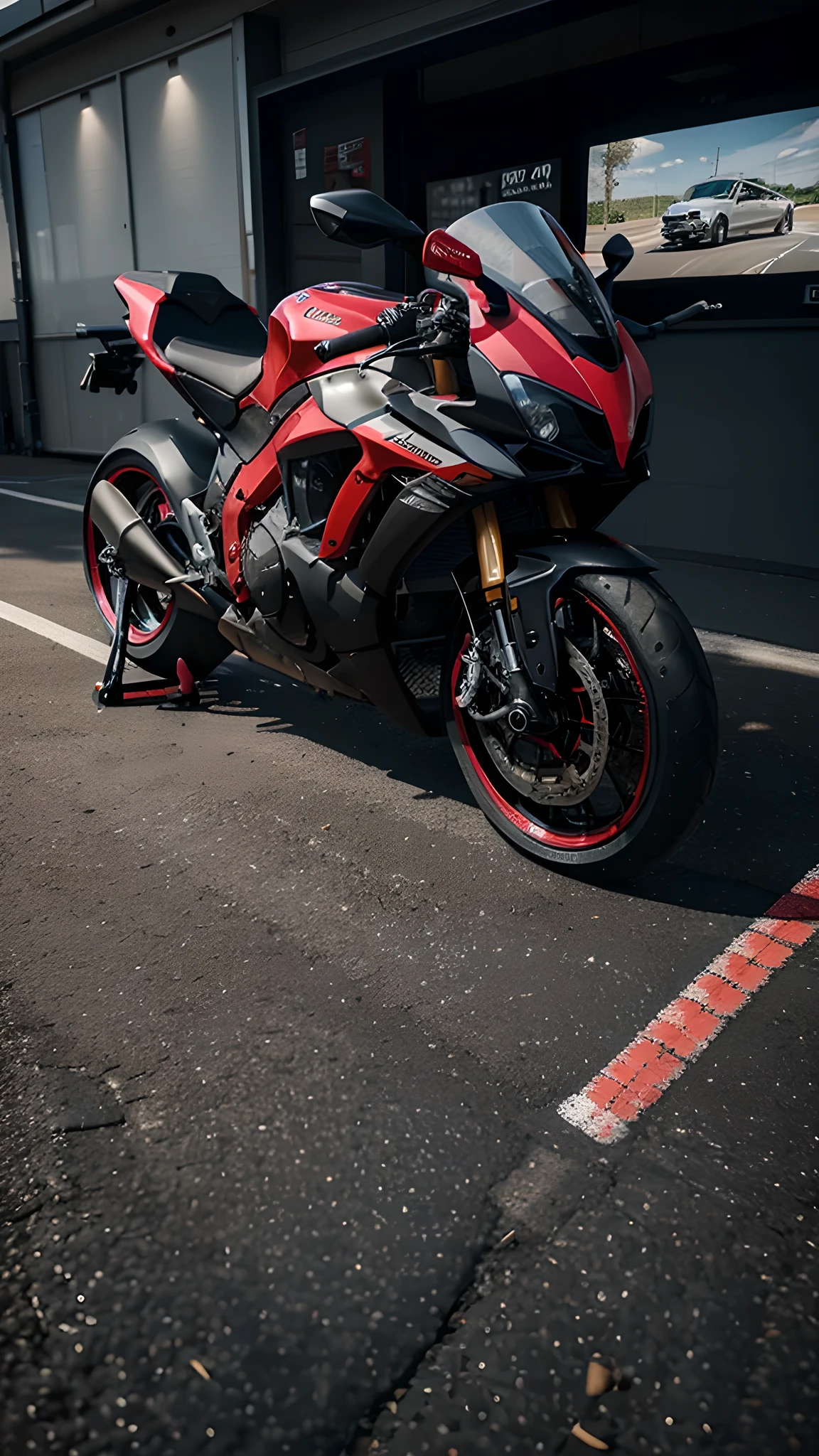 innovative superbike with a striking red paint job. The bike should feature sleek, aerodynamic lines and a futuristic design. Highlight the spoke wheels, ensuring they are detailed and contribute to the bike's modern aesthetic. The bike should have a powerful, cutting-edge engine, advanced suspension, and high-performance components. Capture the bike's innovative features, such as integrated LED lighting, a digital dashboard, and premium materials, making it a true masterpiece of engineering and design."