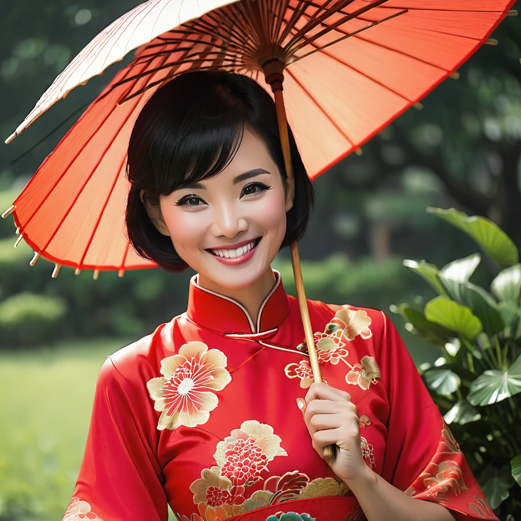 Red chinese dress, 1girl, solo, black hair, short hair, upper body, smile, parasol, mature female,