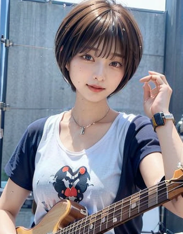 ((highest quality))、(masterpiece:1.4)、RAW Photos、8k、((Best image quality))、 ((High resolution))、Beautiful face in every detail、Realistic human skin、Gentle expression、(One Woman:1.3 )、Realistic、Photorealistic、(Very short hair:1.2)、(Playing the bass guitar:1.3)、(on stage:1.3)、((perform at a live concert))、Stand microphone、Wristband、bracelet、((Young women respect her))、(Live Music)、(concert)、She has many fans、rock band、(((Short Hairstyles:1.2))),(Beautiful woman)、(boyish:1.3)、(((Mannish 1.2)))、(Beautiful Hair)、((Dark brown hair))、(((Red cheeks)))、(Big eyes:1.0)、40 years old、(Her face is small:1.5 )、Small Head、((Long neck))、White skin、Immaculate skin、With bangs、Everyone praises、((8 heads))、(necklace)、(Music Festival:1.4)、(((blue sky)))、(((Outdoor))),singer、(concert t-shirt)、smile、(Larger clothes:1.3)、Happy expression,tall,((Strong eyes:1.3)),(Muscular:1.2),photographed by Canan EOS R6, 135mm, 1/1250s, f/2.8, ISO 400