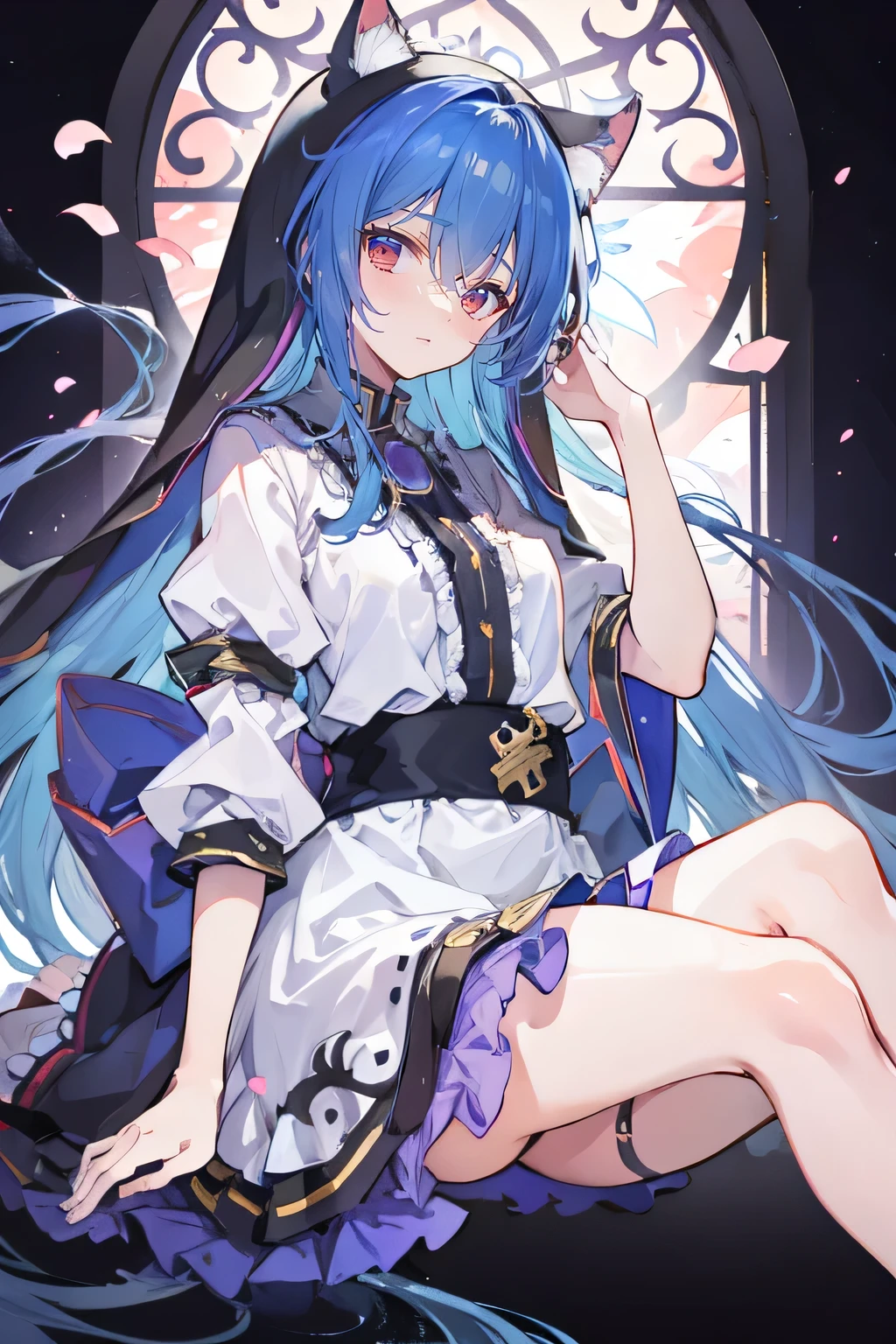 (masterpiece:1.2),Extremely detailed,Practical,expressive eyes,Fair skin,Perfect face shaping,1 Girl,
Japanese cartoons,Gorgeous blue hair, the long flowing blue hair,Floating clothes,Cat ears,Petals fall,beautiful lola,Angel,
Place your hands on your waist,sit elegantly on the ground,Cross your legs,Gentle and peaceful background,stately church,nun.