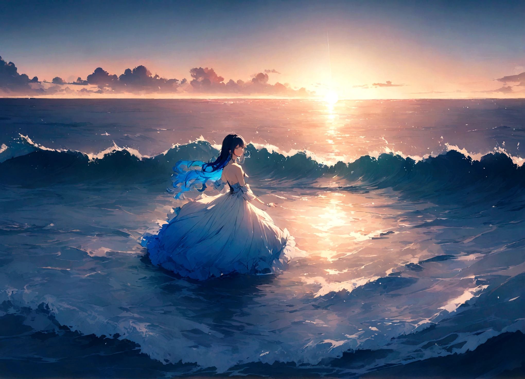 masterpiece, highest quality,Bright colors、horizontal line、Ocean、Wave、null、sun、beautiful、beautiful、On the water