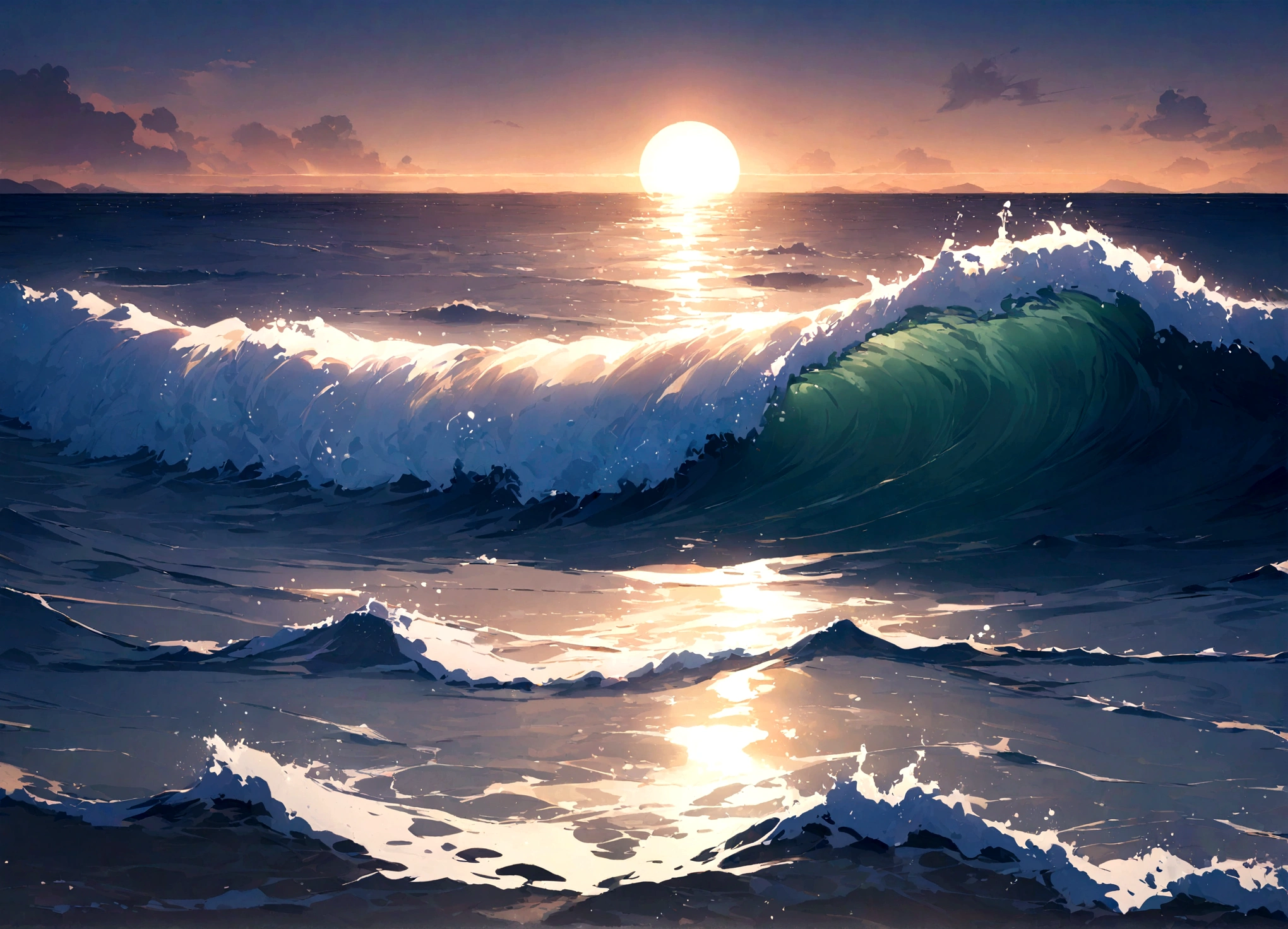 masterpiece, highest quality,Bright colors、horizontal line、Ocean、Wave、null、sun、beautiful、beautiful、On the water
