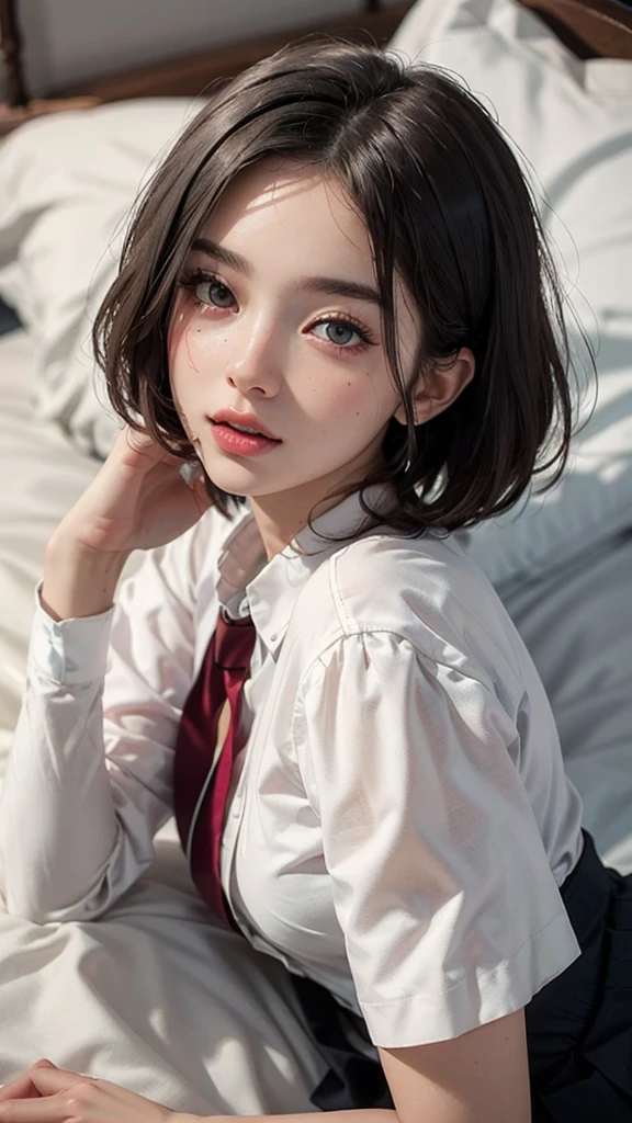 (highest quality, masterpiece:1.3), shape, ((Beautifully detailed face)), beautifully detailed skin, Intricate details, Very detailed, Best image quality in 8K, The true picture () (18 year old high school girl:uniform,White short sleeve shirt,Red tie,Pleated skirt,Black Lingerie) (Small breasts), ,Japanese Girls,One Girl,,(Detailed Hair,Bobcut,Black Hair),Detailed lips,Open your mouth,(Lying in bed,Sleep on your back:1.2,Top View),blush,Embarrassing,Realistic Face,Realistic Skin,(sexy:1.5,Clothes are disheveled),(Vibrant Skin,Moisturized Skin:1.2),Vivid lips,Lip gloss