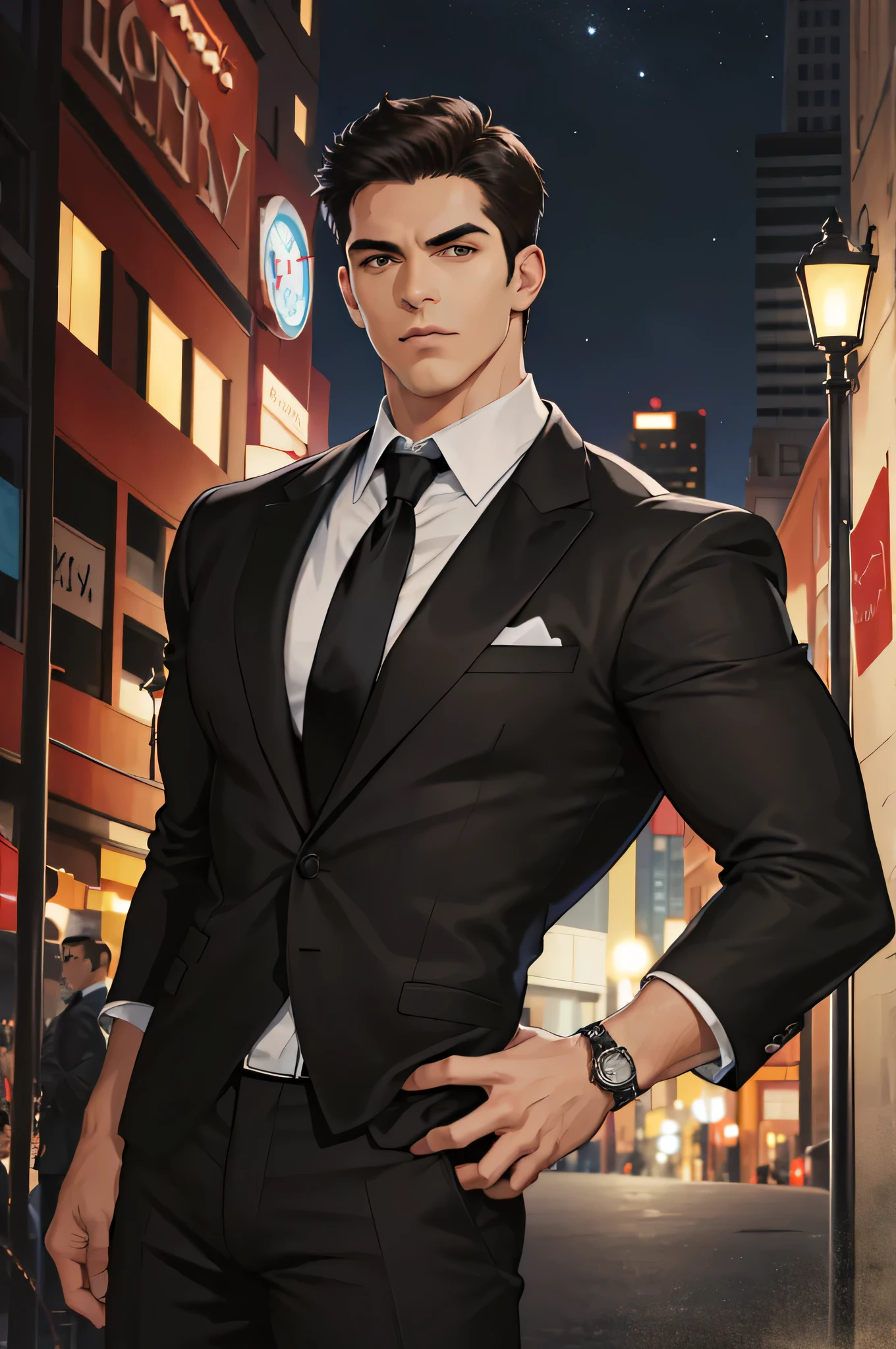 (absurdres, highres, ultra detailed, realistic, ), 1 male, solo, adult, mature, tall muscular guy, broad shoulders, handsome, very short hair, black hair, brown eyes, angular jaw, thick neck, thick eyebrows, night, dark, the night view of the city background, formal suit, necktie, upper body