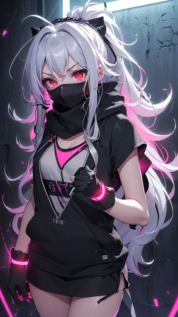 最high quality、Best image quality、masterpiece、girl((18 years old、 By becoming、Best Bust、Medium bust,Big Chest Tea、Red glowing eyes,Silver Hair、Messy hair、Long hair、Thin,The highest valley、Open the chest、Luminous wristband、have、Hair accessories、luminous necklaces、Black Sleeveless Hoodie(1:2)、Blue skirt、Disheveled cloThing、revealing the whole body,Low Angle、Hacker Style、sweat、bait、Black cute mask、Against the wall、Black scarf、Have a smartphone)),high quality、beautiful art、background((Neon、Neon interior at night))、flight、Flying debris、Written border depth、Movie、visual art、Perfect Art、8k,real、