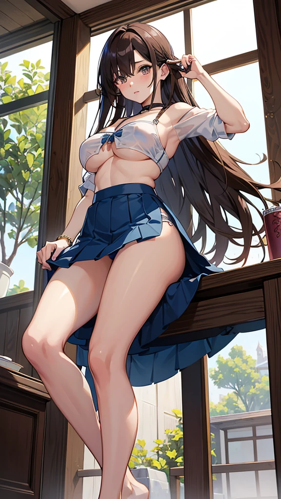 masterpiece, best quality, insanely detailed, anime style, a girl, anime, seductive anime girl, attractive anime girl, Fine details, female anime character, Big Breasts、Big Ass、Cleavage、Tight waist、Cowboy Shot、Long Hair、dark brown hair, shiny hair, light brown eyes, hair over one eye、White camisole, mini skirt、Light blue panties、at the park, ((underboob))、Fanning from below、leg up, Place your right foot on the desk