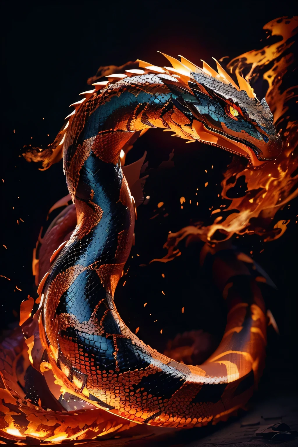 a close up of a fire cobra with a black background, serpente flamejante de fogoe, fire flaming dragon serpent, papel de parede do telefone hq 4k, cobra, dragon cobra with wings, serpente, mixed with cobra, jormungandr, serpente do mare, cobra art, &#39;&#39;dragon breathing fire, Papel de parede AMOLED, Jormungandr, fire Dragon, 8k octaem background forests rendering photo, trees