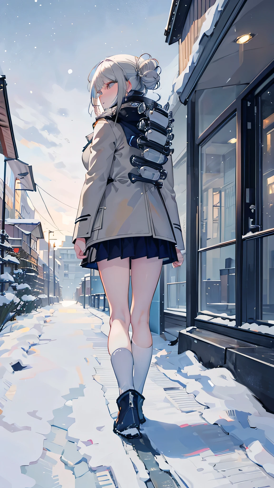 {highest quality}, {so beautiful}, {Very detailed}, {Best illustrations}, girl,garden, Silver Hair,((Twin Drill)),Huge breasts,Outdoor,((Embarrassing)),((Winter clothes )),winter,Snow Scene,,plaid scarf,,((white breathing)),full body,Duffle coat,(((vapor))),looking back,shoot from behind