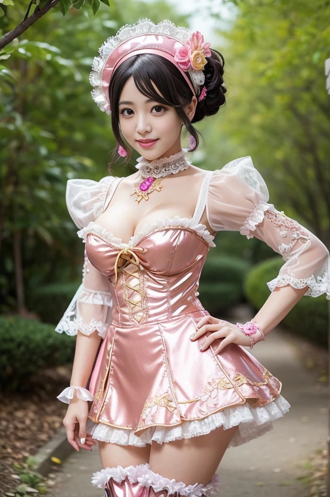(nsfw), sexy golden Japanese princess, only 1 female, ((doll-like appearance)), short neon pink stylish hair, ((shiny Victorian-Style boots)), (big smile), ultra detailed eyes, vivid eye makeup, lipgloss, long lashes, defined eyebrows, ((sexy Paradise Kiss cosplay)), bell-shaped skirt, petticoats, high neckline, puffed sleeves, ((ultra detailed lace)), ((ultra detailed embroidery)), intricate details, Paradise Kiss accessoires and matching headpiece, choker, ((large sparkling Paradise Kiss jewelry)), cinematic light, detailed large park background with trees