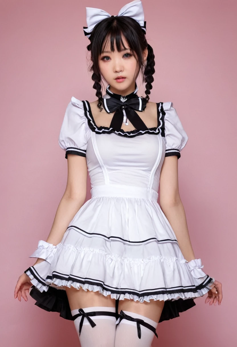 beautiful Asian girl, cute, young, ( girl Full body :1.7) small limbs, big breasts, double d cup, embarrassed face, big ribbon on head, thin ta fashion, Thin maid clothes, white stockings frills, clothes with lots of ribbons, thin frilly clothes, (Pure white panties), black boots, choker, highest quality, masterpiece, High resolution, 4k, high resolution, Photoreal:1.4, symmetrical eyes, whole body, fold your arms behind your back, Angle from below, flower garden