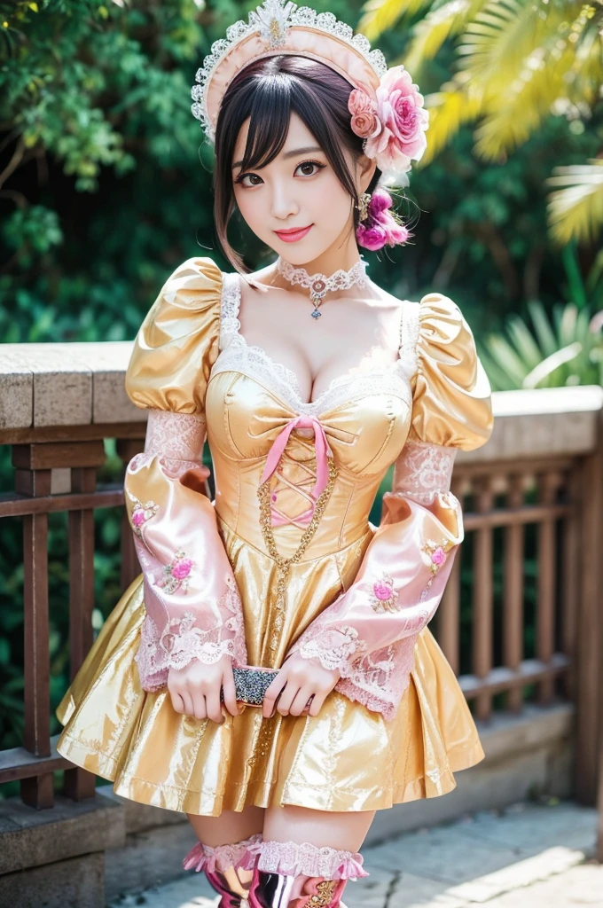 (nsfw), sexy golden Japanese princess, only 1 female, ((doll-like appearance)), short neon pink stylish hair, ((shiny Victorian-Style boots)), (big smile), ultra detailed eyes, vivid eye makeup, lipgloss, long lashes, defined eyebrows, ((sexy Paradise Kiss cosplay)), bell-shaped skirt, petticoats, high neckline, puffed sleeves, ((ultra detailed lace)), ((ultra detailed embroidery)), intricate details, Paradise Kiss accessoires and matching headpiece, choker, ((large sparkling Paradise Kiss jewelry)), cinematic light, detailed large park background with trees