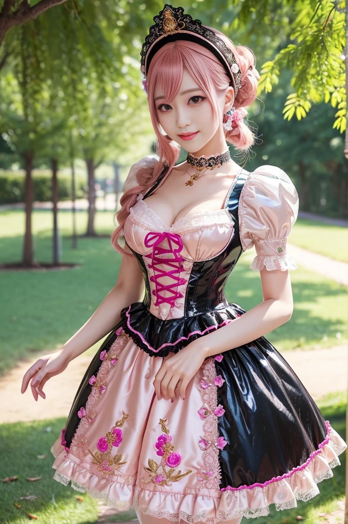 (nsfw), sexy golden Japanese princess, only 1 female, ((doll-like appearance)), short neon pink stylish hair, ((shiny Victorian-Style boots)), (big smile), ultra detailed eyes, vivid eye makeup, lipgloss, long lashes, defined eyebrows, ((sexy Paradise Kiss cosplay)), bell-shaped skirt, petticoats, high neckline, puffed sleeves, ((ultra detailed lace)), ((ultra detailed embroidery)), intricate details, Paradise Kiss accessoires and matching headpiece, choker, ((large sparkling Paradise Kiss jewelry)), cinematic light, detailed large park background with trees