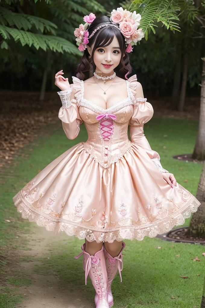 (nsfw), sexy golden Japanese princess, only 1 female, ((doll-like appearance)), short neon pink stylish hair, ((shiny Victorian-Style boots)), (big smile), ultra detailed eyes, vivid eye makeup, lipgloss, long lashes, defined eyebrows, ((sexy Paradise Kiss cosplay)), bell-shaped skirt, petticoats, high neckline, puffed sleeves, ((ultra detailed lace)), ((ultra detailed embroidery)), intricate details, Paradise Kiss accessoires and matching headpiece, choker, ((large sparkling Paradise Kiss jewelry)), cinematic light, detailed large park background with trees