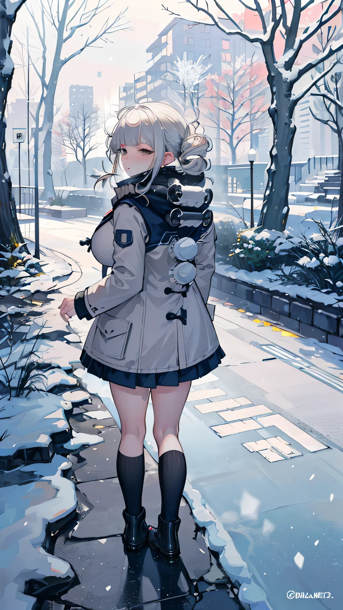 {highest quality}, {so beautiful}, {Very detailed}, {Best illustrations}, girl,garden, Silver Hair,((Twin Drill)),Huge breasts,Outdoor,((Embarrassing)),((Winter clothes )),winter,Snow Scene,,plaid scarf,,((white breathing)),full body,Duffle coat,(((vapor))),looking back,shoot from behind