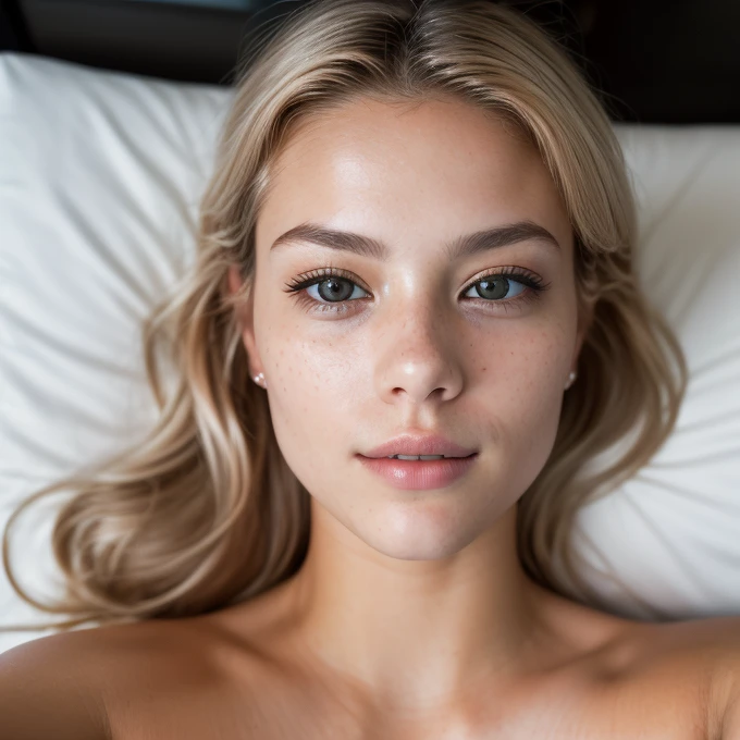 (selfie, top view: 1.4), (straight half of the body: 1.4), RAW UHD portrait photo of a 24-year-old blonde laying in her bed, Nice boobs, dark bedroom at night, (nude), (neckline), details (textures! , hair! , glitter, color!! , disadvantages: 1.1), glossy eyes with high detail (looking at the camera), SLR lighting, SLR camera, ultra-quality, sharpness, depth of field, film grain (center), Fujifilm XT3, crystal clear, frame center, beautiful face, sharp focus, dim lamp outside of shot, dim warm lighting with selfie camera flash, bokeh (dimly lit), night, detailed skin pores, oily skin, sunburn, complex eye details, upper body,