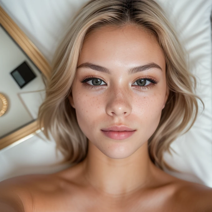 (selfie, top view: 1.4), (straight half of the body: 1.4), RAW UHD portrait photo of a 24-year-old blonde laying in her bed, Nice boobs, dark bedroom at night, (nude), (neckline), details (textures! , hair! , glitter, color!! , disadvantages: 1.1), glossy eyes with high detail (looking at the camera), SLR lighting, SLR camera, ultra-quality, sharpness, depth of field, film grain (center), Fujifilm XT3, crystal clear, frame center, beautiful face, sharp focus, dim lamp outside of shot, dim warm lighting with selfie camera flash, bokeh (dimly lit), night, detailed skin pores, oily skin, sunburn, complex eye details, upper body,