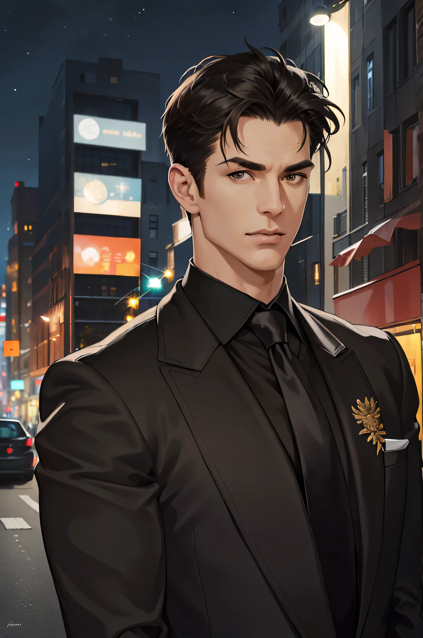 (absurdres, highres, ultra detailed, realistic, ), 1 male, solo, adult, mature, tall muscular guy, broad shoulders, handsome, very short hair, black hair, brown eyes, angular jaw, thick neck, thick eyebrows, night, dark, the night view of the city background, formal suit, necktie, upper body