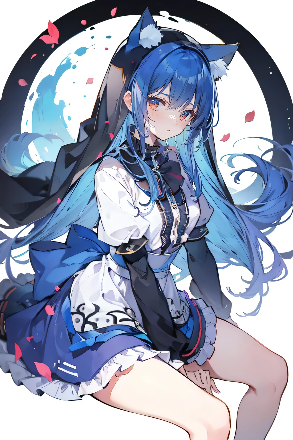 (masterpiece:1.2),Extremely detailed,Practical,expressive eyes,Fair skin,Perfect face shaping,1 Girl,
Japanese cartoons,Gorgeous blue hair, the long flowing blue hair,Floating clothes,Cat ears,Petals fall,beautiful lola,Angel,
Place your hands on your waist,sit elegantly on the ground,Cross your legs,Gentle and peaceful background,stately church,nun.