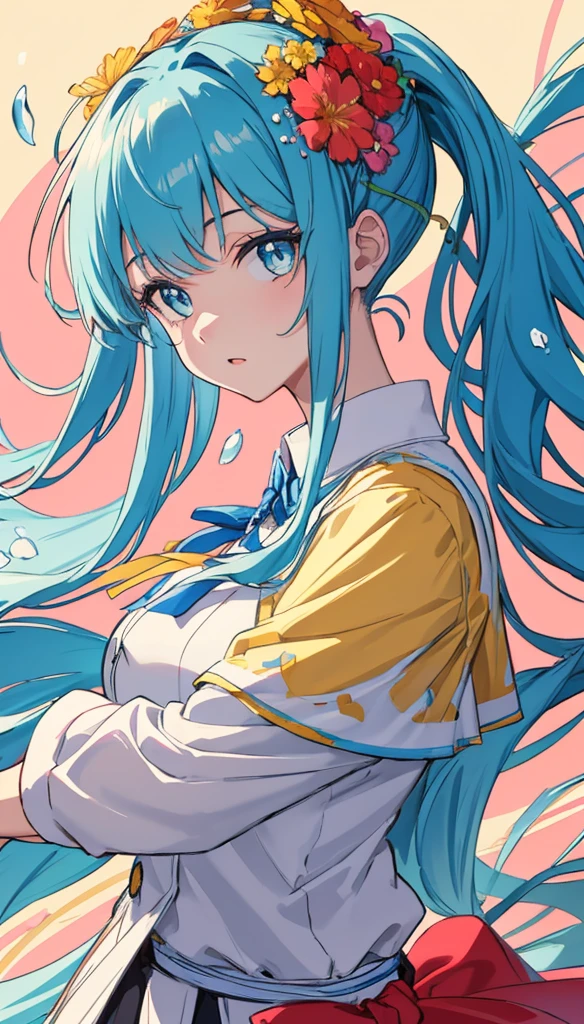 (masterpiece), (best quality), (ultra detailed),(disheveled hair),(illustration), (1girl), (Fashionable clothing), standing, Fashion model, looking at viewer, (interview), (simple background),beautiful detailed eyes, delicate beautiful face, Floating,(high saturation),(colorful splashes),colorful bubble,(shining), focus on face, ponytail, kamisato ayaka, light blue hair, bangs, hair ring, floating flowers, floating hairs, (shining), best lighting, best shadow,