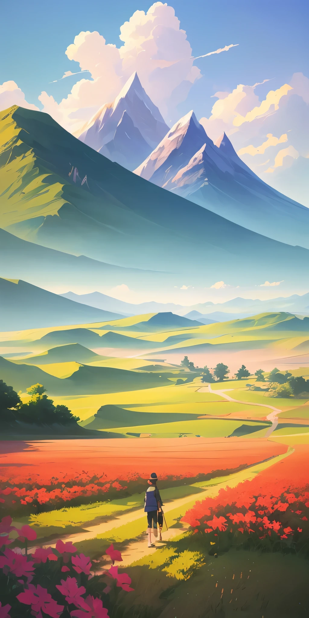 There is a painting，The background is a field of a mountain, ross tran. scenery background, anime countryside landscape, concept-art | RHADS, author：Sylvain Salair, Valle exuberante, atey ghailan 8 k, digital painting concept art, Valle encantador, wlop and RHADS, studio glibly makoto shinkai