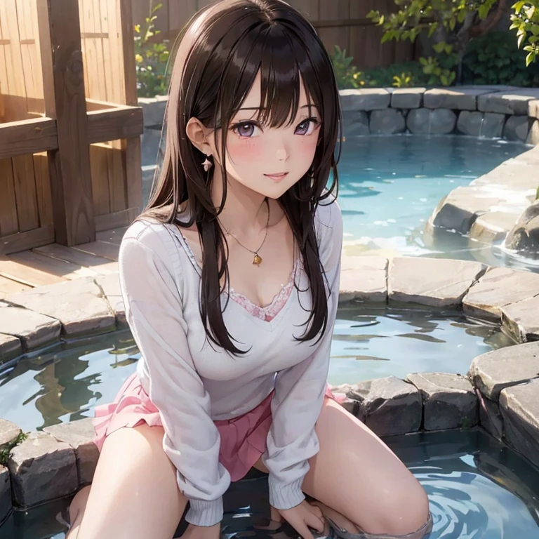 (masutepiece: 1.3), (max resolution: 1.2), (Ultra HDTV: 1.2), cinematric light, Ultra HDTV, (Detailed eyes and skin), (detailed facial features), nffsw, 8K resolution, Sharp Focus: 1.2, Perfect Style, Beautiful face, Perfect body, acurate, Anatomically correct, Highly detailed face and skin texture, Detailed eyes, Dark-blue eyes, Double eyelids, Thin eyebrows, Glitter Eyeliner: 1.2, Natural cheeks, Glossy skin, Fair skin: 1.2, shiny little necklace and earrings, (Glossy lips: 1.4), BREAK, One-person viewpoint, (She is a very cute female teacher), (Pink lace panties), (Seductive smile: 1.2), ((a Innocent and cute girl:1.3)), (Long Wave Hair), (ligh brown hair:1.2),  (Cowboy Shot: 1.2), BREAK, ((Very intimate relationships: 1.2)), medium large breasts, ((Looking at Viewer:1.2)), ((Hot spring trip:1.2)), ((Bend your knees and open your legs wide:1.2)), (From Side:1.2),low  angle shot,FULL BODYSHOT　Tight sweater with long sleeves in bright colors　Tight denim mini skirt　Embarrassed look　Kamimei