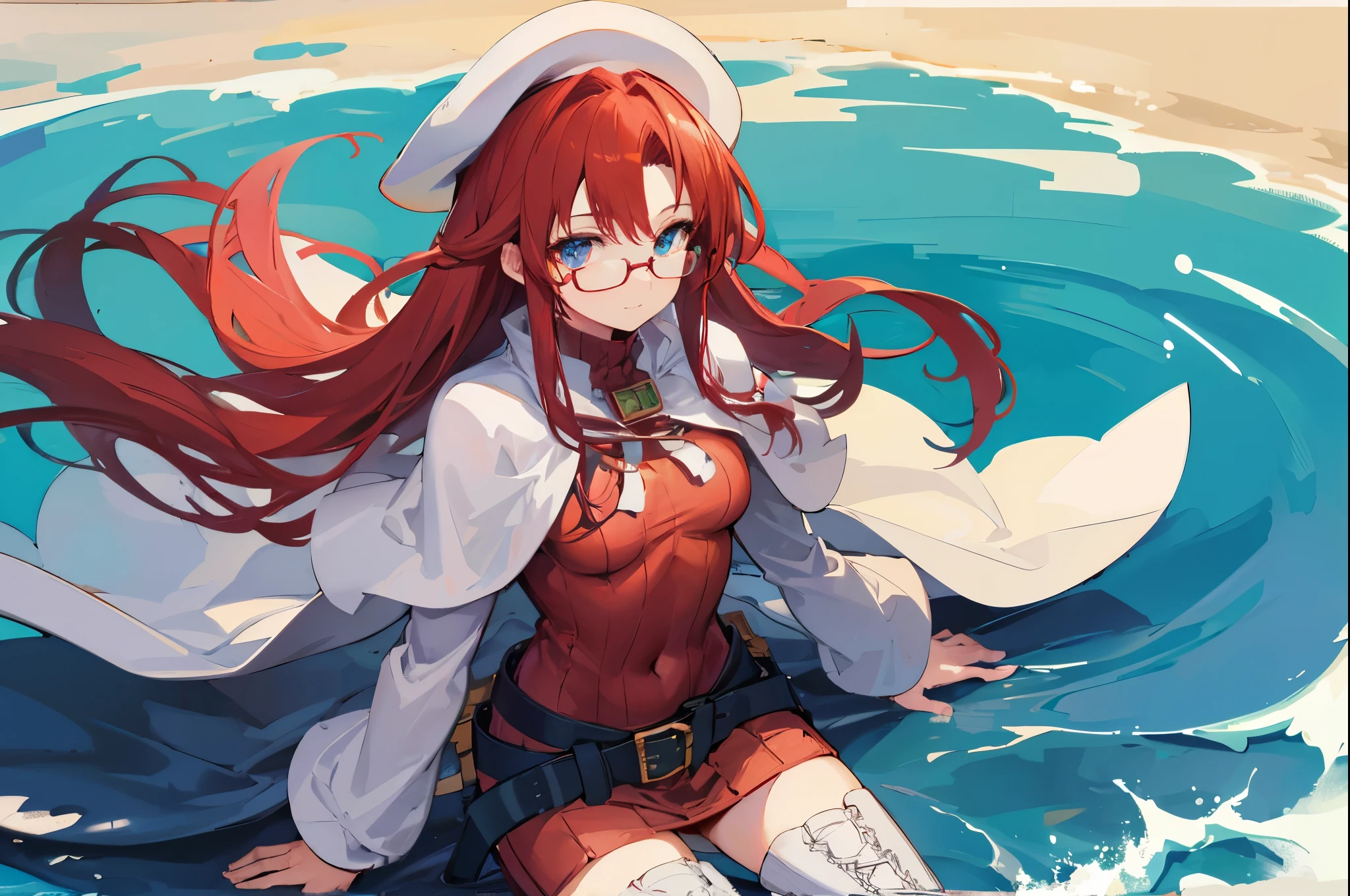 summonnightaty, aty, (young:1.3),long hair, blue eyes, red hair, big_berets, hat, glasses,
BREAK long hair, thighhighs, hat, dress, naked_legs, glasses, belt, cape, sweater, zettai ryouiki, beret, thigh boots, white footwear, ribbed sweater, loose belt,solo,
BREAK outdoors, fantasy,on_beach,
,Highquality_hads,perfect_fingers,
BREAK (masterpiece:1.2), best quality, high resolution, unity 8k wallpaper, (illustration:0.8), (beautiful detailed eyes:1.6), extremely detailed face, perfect lighting, extremely detailed CG, (perfect hands, perfect anatomy),covered_nipples,covered_navel ,half_eyes,long_sword,sleepy,standing,red_sweater,apart_knees,magical_effect,spread_legs, have_a_book,teacher,rise_knee,Smile,rise_hand,look_down_viewer,spread_arms,sea_waves,looking_into,blue_sky,sitting