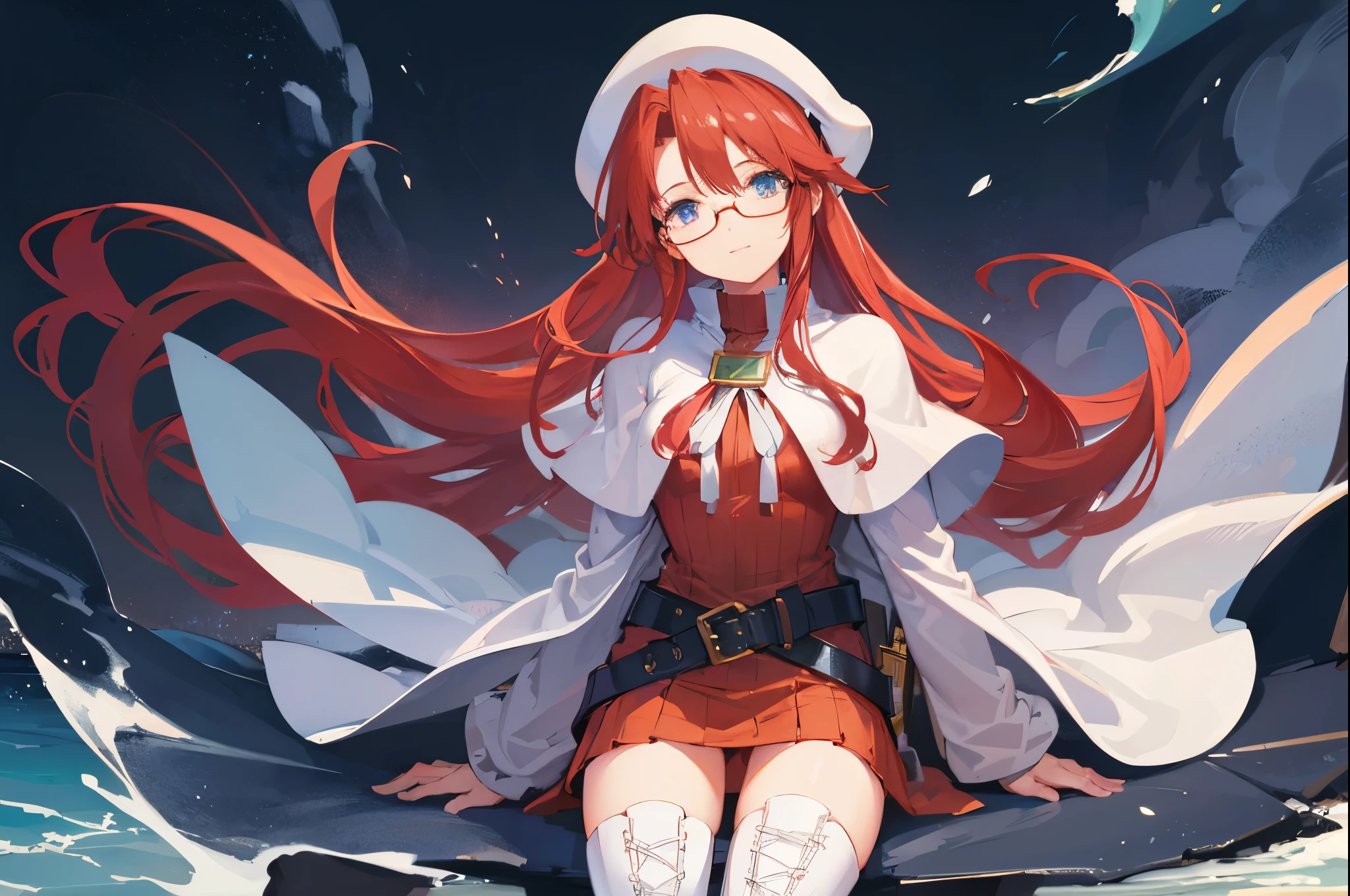 summonnightaty, aty, (young:1.3),long hair, blue eyes, red hair, big_berets, hat, glasses,
BREAK long hair, thighhighs, hat, dress, naked_legs, glasses, belt, cape, sweater, zettai ryouiki, beret, thigh boots, white footwear, ribbed sweater, loose belt,solo,
BREAK outdoors, fantasy,on_beach,
,Highquality_hads,perfect_fingers,
BREAK (masterpiece:1.2), best quality, high resolution, unity 8k wallpaper, (illustration:0.8), (beautiful detailed eyes:1.6), extremely detailed face, perfect lighting, extremely detailed CG, (perfect hands, perfect ???????),covered_nipples,covered_navel ,half_eyes,long_sword,sleepy,standing,red_sweater,apart_knees,magical_effect,spread_legs, have_a_book,teacher,rise_knee,Smile,rise_hand,look_down_viewer,spread_arms,sea​_waves,looking_into,blue_sky,sitting