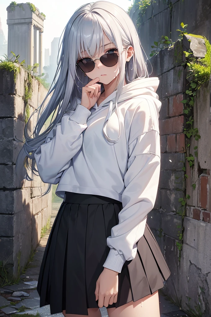 top-quality、Top image quality、​masterpiece、teens girl((white open chest hoodie、Black skirt、18year old、 Ager、Best Bust、big bast,Beautiful light blue eyes, Long silver hair、A slender,Large valleys、Reflecting the whole body、Leaning forward、put red sunglasses on your eyes、jumping pose、Worried face、tension、lean against the wall、sweating)),hiquality、Beautiful Art、Background with((Ruins、survival))​masterpiece、depth of fields,