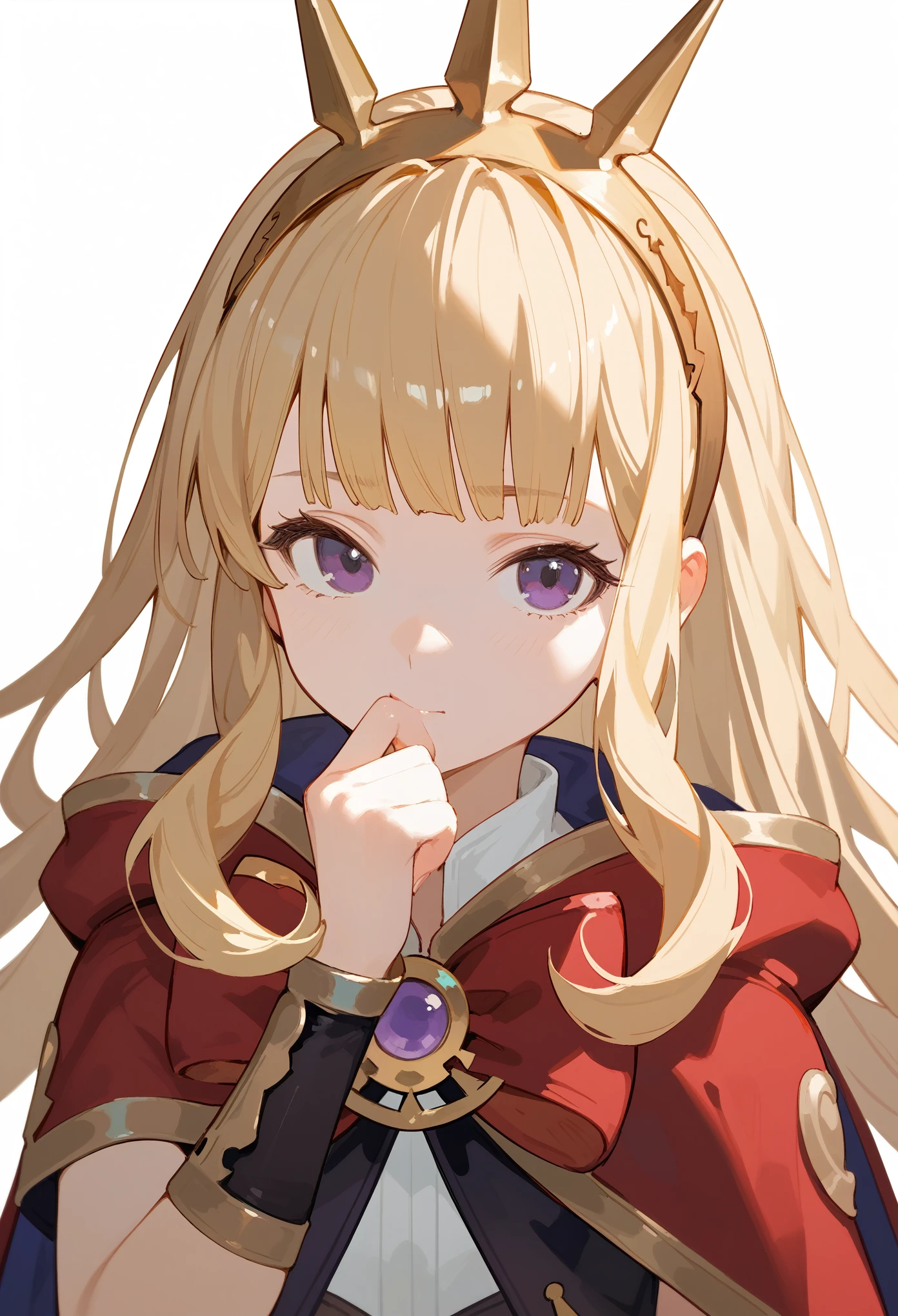 (score_9, score_8_up, score_7_up), 1girl, solo, gbf-cagliostro, Cagliostro, long blonde hair, dark purple eyes, hairband, crown, black thighhighs, red bow, red skirt, cape, white shirt, hand over mouth, looking at viewer, neutral, upper body, portrait, white background, simple background