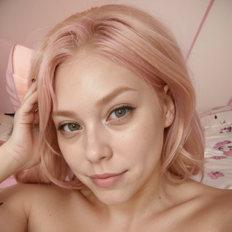 Woman, blond pink hair, lying in bed, she looks at the camera blowing a kiss, selfie