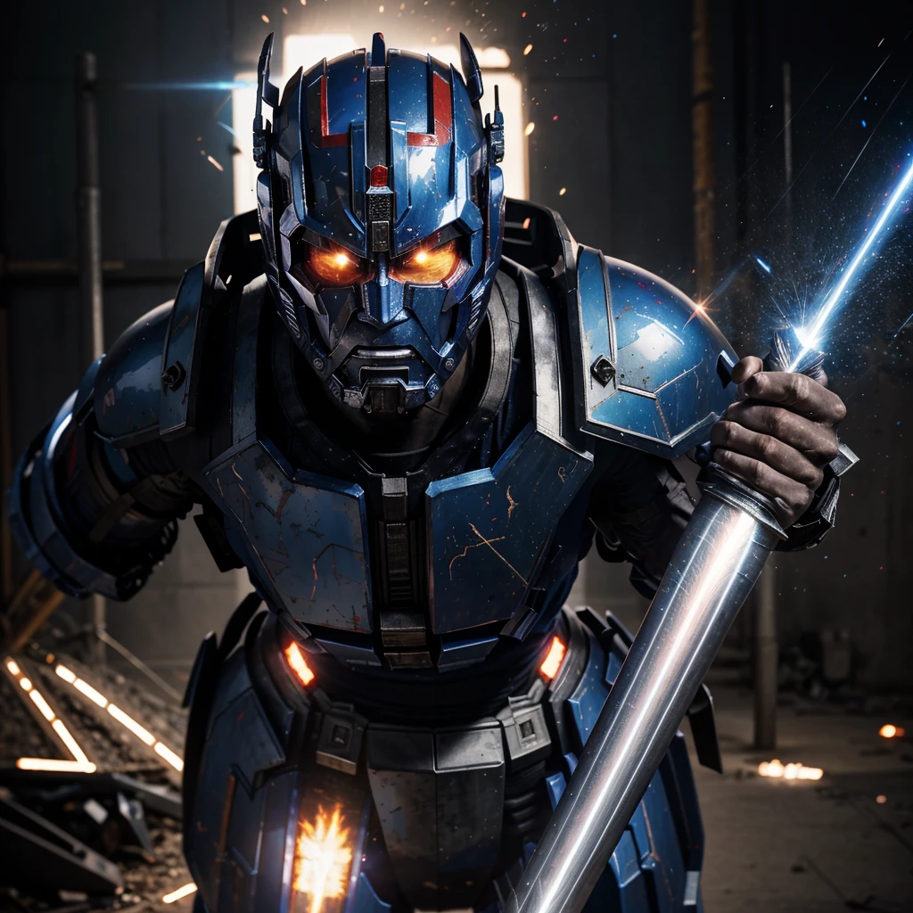 a close up of Optimus Prime from Transformers the movie swing a sword, realistic metal suit, realism art, style league of legends, inspired by Li Shida, fighting game character, tracer, red and blue color, glow particle, realistic suit, sword, realistic sword, realism masterpiece, lighting, strong realistic texture, 8k