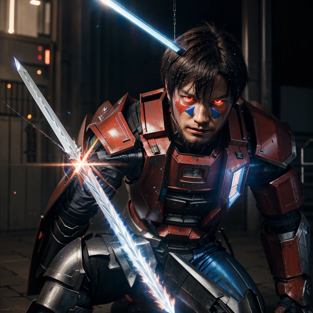 a close up of Optimus Prime from Transformers the movie swing a sword, realistic metal suit, realism art, style league of legends, inspired by Li Shida, fighting game character, tracer, red and blue color, glow particle, realistic suit, sword, realistic sword, realism masterpiece, lighting, strong realistic texture, 8k