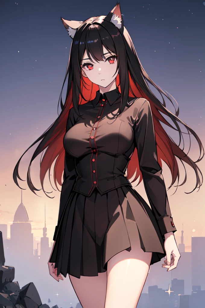 (Cat girl), (smoking), cat ears, black hair, business casual attire, cool, red dress shirt, pretty red eyes, cat tail, ((Crimson Red Eyes eyes: 1.3, Upturned Eyes: 1, Perfect Eyes, Beautiful Detailed Eyes, Gradient eyes: 1, Finely Detailed Beautiful Eyes: 1, Symmetrical Eyes: 1, Big Highlight On Eyes: 1.2)), (((Lustrous Skin: 1.5, Bright Skin: 1.5, Skin Fair, Shiny Skin, Very Shiny Skin, Shiny Body, Plastic Glitter Skin, Exaggerated Shiny Skin, Illuminated Skin))), (Detailed Body, (Detailed Face)), (((Skirt))), High Resolution, Sharp Focus, Ultra Detailed, Extremely Detailed, Extremely High Quality Artwork, (Realistic, Photorealistic: 1.37), 8k_Wallpaper, (Extremely Detailed CG 8k), (Very Fine 8K CG), ((Hyper Super Ultra Detailed Perfect Piece)), (((Flawless masterpiece))), Illustration, Vibrant Colors, (Intricate), High Contrast, Selective Lighting, Double Exposure, HDR (High Dynamic Range), Post-processing, Background Blur, (Sexy pose), (Mature woman), big sis, ultra high quality, highest quality, best quality