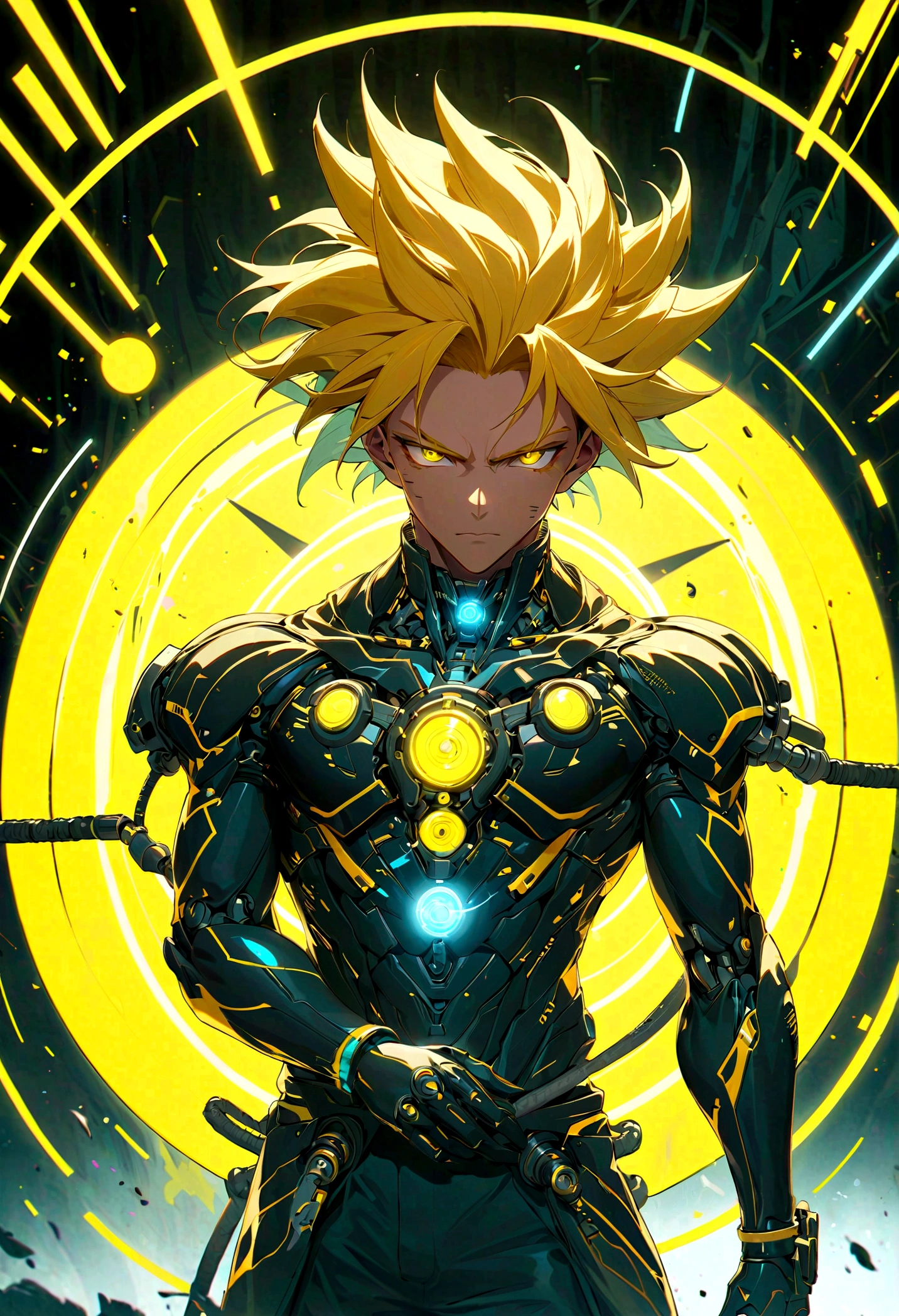 A Super Saiyan Cyborg，male，Highly detailed，Surrealism，Yellow hair，illumination，dramatic，Tenacity，Emotional，Neon，Glowing energy aura，Strong expression，Mechanical components，Cyberpunk style，Advanced technology，Futurism，Volumetric Fog，Dynamic poses，8k，Reality，Unreal Engine，Concept art style