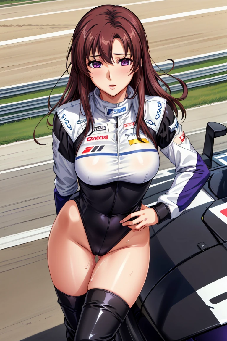 (masterpiece:1.2, highest quality), (Realistic, photoRealistic:1.4), Beautiful illustrations, (Natural Side Lighting, Cinema Lighting), avert your eyes, (Cowboy Shot), 2 girls, Grid Girls, 40 years old, (((Mature Woman))), (Beautiful anime faces), Japanese, Perfect Face, Perfect Anatomy, Symmetrical cute face, Shiny skin, Blunt bangs, (Intense glowing purple eyes:1.3), Beautiful Hair, Beautiful Face, Beautiful clavicle, Beautiful body, Beautiful breasts, Beautiful thighs, Beautiful feet, Beautiful fingers, (Perfect Face, Perfect Anatomy), (Two legs, Five Fingers), ((Grid Girls, Racing Suits, Race Queen Costume:1.3. Purple and black bodysuit with sponsor logos:1.3, Shiny arm covers:1.3, Shiny knee-high boots:1.3)), (Beautiful views), Written boundary depth,((Tall Woman), (Slim figure), (small breasts directed upwards)), (Randomly changing obscene poses:1.3), ((A tiny remote vibrator is attached to the pussy), (Intense orgasm:1.2), (Holding the vibrator holder in her right hand)),