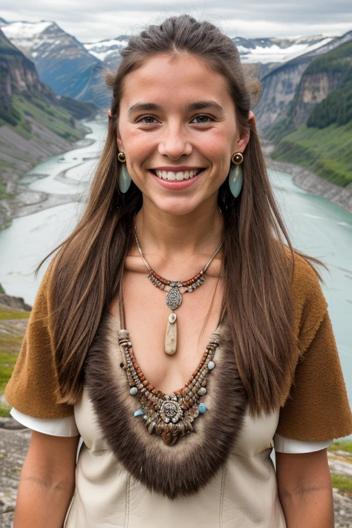 (prehistoric girl smiling, looking at a glacial valley, wearing prehistoric leather clothes, carved bone earrings, stone necklaces, photorealistic)