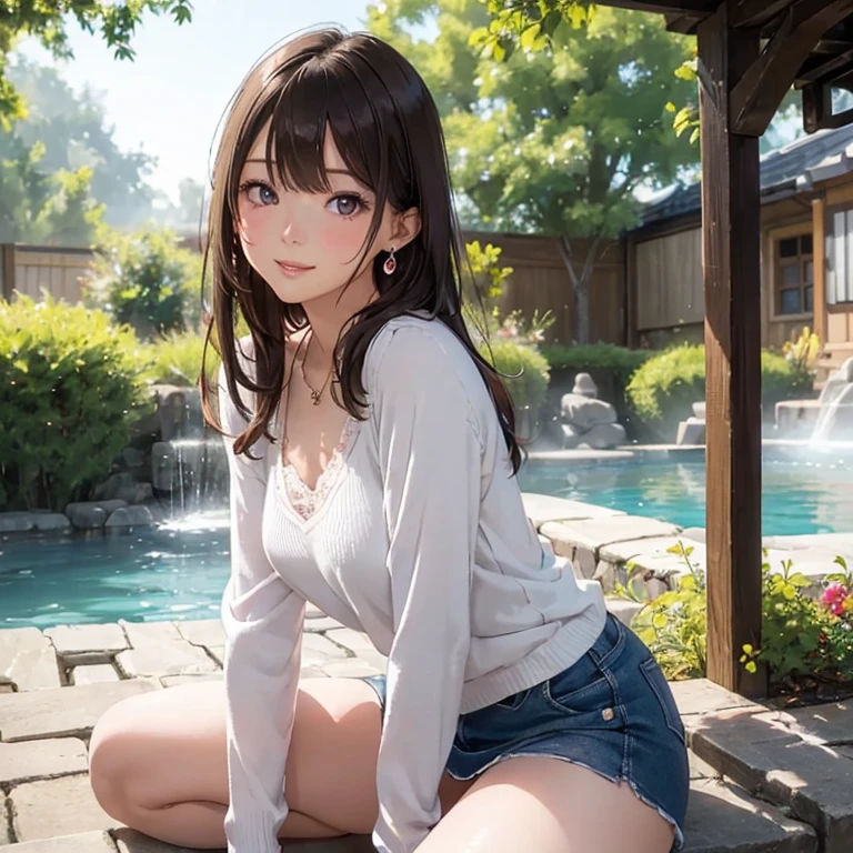 (masutepiece: 1.3), (max resolution: 1.2), (Ultra HDTV: 1.2), cinematric light, Ultra HDTV, (Detailed eyes and skin), (detailed facial features), nffsw, 8K resolution, Sharp Focus: 1.2, Perfect Style, Beautiful face, Perfect body, acurate, Anatomically correct, Highly detailed face and skin texture, Detailed eyes, Dark-blue eyes, Double eyelids, Thin eyebrows, Glitter Eyeliner: 1.2, Natural cheeks, Glossy skin, Fair skin: 1.2, shiny little necklace and earrings, (Glossy lips: 1.4), BREAK, One-person viewpoint, (She is a very cute female teacher), (Pink lace panties), (Seductive smile: 1.2), ((a Innocent and cute girl:1.3)), (Long Wave Hair), (ligh brown hair:1.2), (Cowboy Shot: 1.2), BREAK, ((Very intimate relationships: 1.2)), medium large breasts, ((Looking at Viewer:1.2)), ((Hot spring trip:1.2)), ((Bend your knees and open your legs wide:1.2)), (From Side:1.2),low angle shot,FULL BODYSHOT Tight sweater with long sleeves in bright colors Tight denim mini skirt Embarrassed look Kamimei. 1 Girl,
