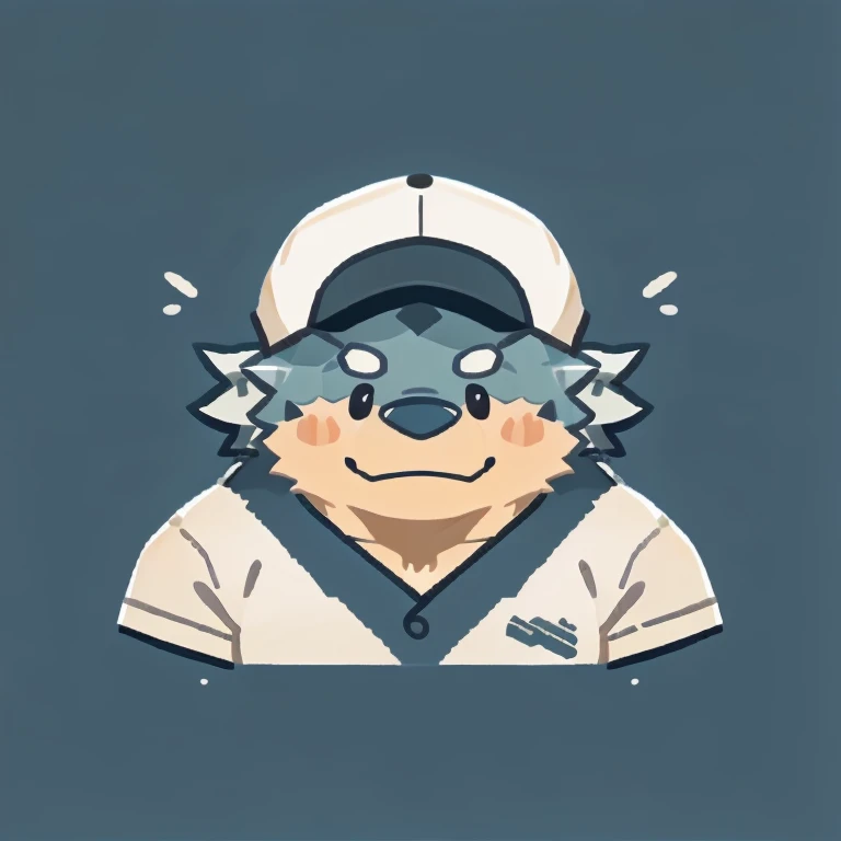 white dagon face,Cute face,Humanity(white dagon), (White short sleeve:1.3), (with cap), (round face), (white skin), Chubby,(white eyebrows:1.1),(Upper body naked:1.2),(perfect black eyes),Simple background, Blue Background,print style。(Artist:Takemoto Arashi