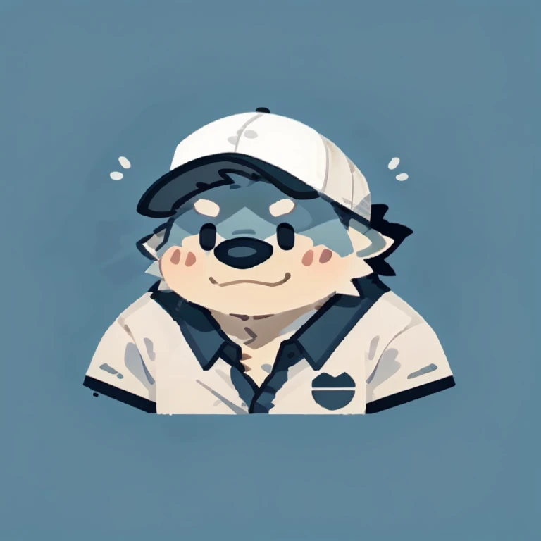 white dagon face,Cute face,Humanity(white dagon), (White short sleeve:1.3), (with cap), (round face), (white skin), Chubby,(white eyebrows:1.1),(Upper body naked:1.2),(perfect black eyes),Simple background, Blue Background,print style。(Artist:Takemoto Arashi