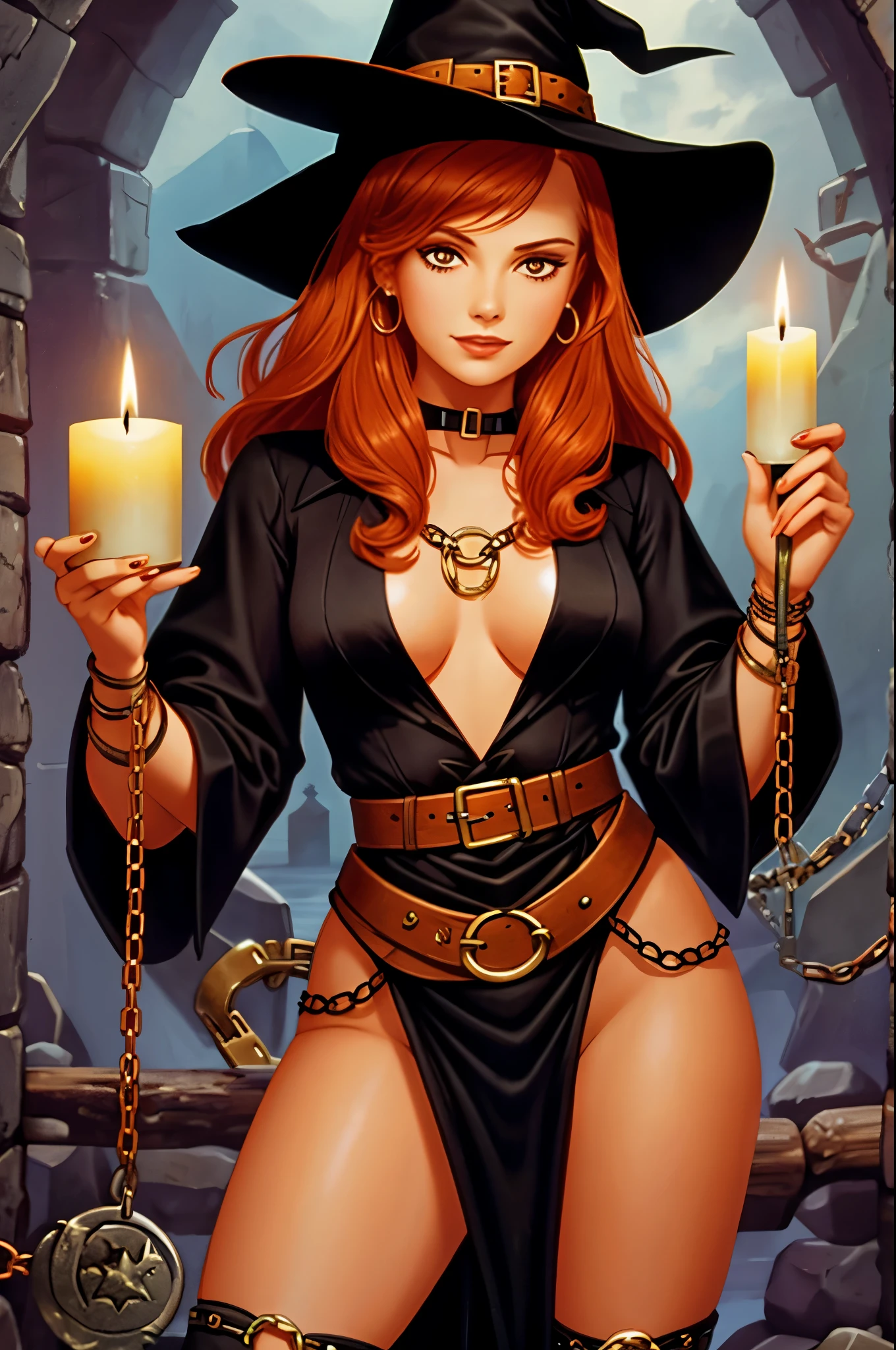 lesbian witch, chain belt, holding candle, ginger hair