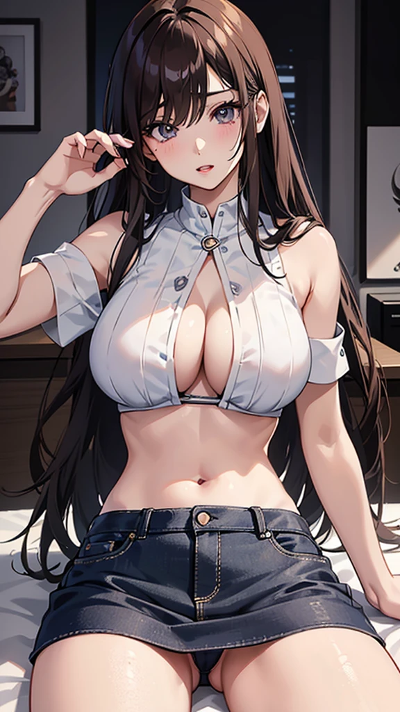 masterpiece, best quality, insanely detailed, anime style, a girl, anime, seductive anime girl, attractive anime girl, Fine details, female anime character, Big Breasts、Big Ass、Cleavage、Tight waist、Cowboy Shot、Long Hair、Beautiful Eyes、Long eyelashes、Pink lips、dark brown hair, shiny hair, light brown eyes, hair over one eye、White camisole, mini skirt、Light blue panties、at the park, ((underboob))、(((spread legs))), sit at a desk in an office、pussy juice,