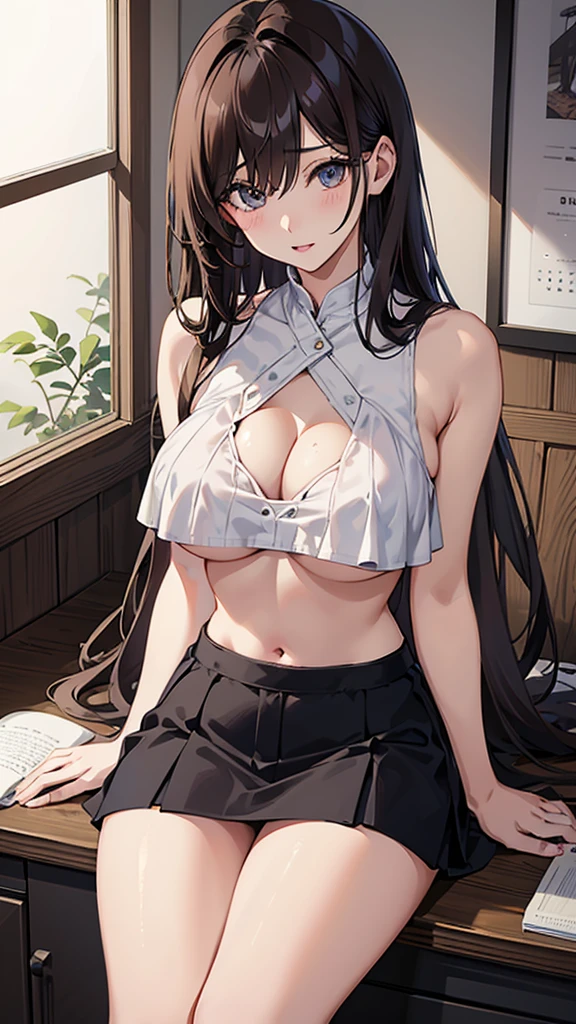 masterpiece, best quality, insanely detailed, anime style, a girl, anime, seductive anime girl, attractive anime girl,  Fine details, female anime character, Big Breasts、Big Ass、Cleavage、Tight waist、Cowboy Shot、Long Hair、Beautiful Eyes、Long eyelashes、Pink lips、dark brown hair, shiny hair, light brown eyes, hair over one eye、White camisole, mini skirt、Light blue panties、at the park,  ((underboob))、(((spread legs))), sit at a desk in an office、pussy juice,