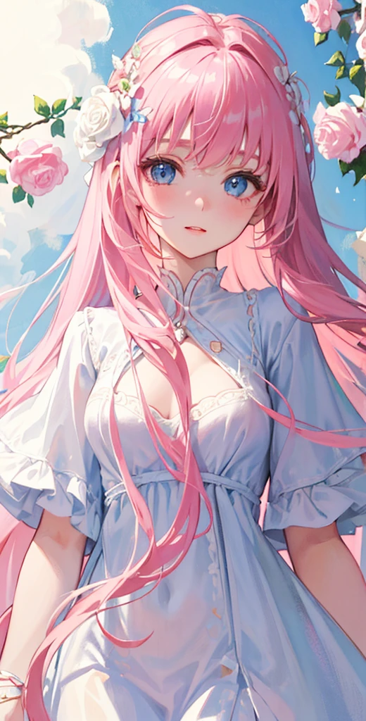 ((Masterpiece)), high quality, super detailed, pink hair + white clothing: 1.2, sweet and delicate girl, delicate facial features, perfect figure, surrounded by roses, bright bright colors, pearl white background, romantic long hair, natural light, warm and sweet, blue eyes, flower hair decoration.