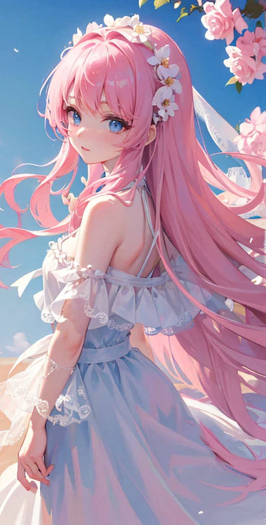((Masterpiece)), high quality, super detailed, pink hair + white clothing: 1.2, sweet and delicate girl, delicate facial features, perfect figure, surrounded by roses, bright bright colors, pearl white background, romantic long hair, natural light, warm and sweet, blue eyes, flower hair decoration.