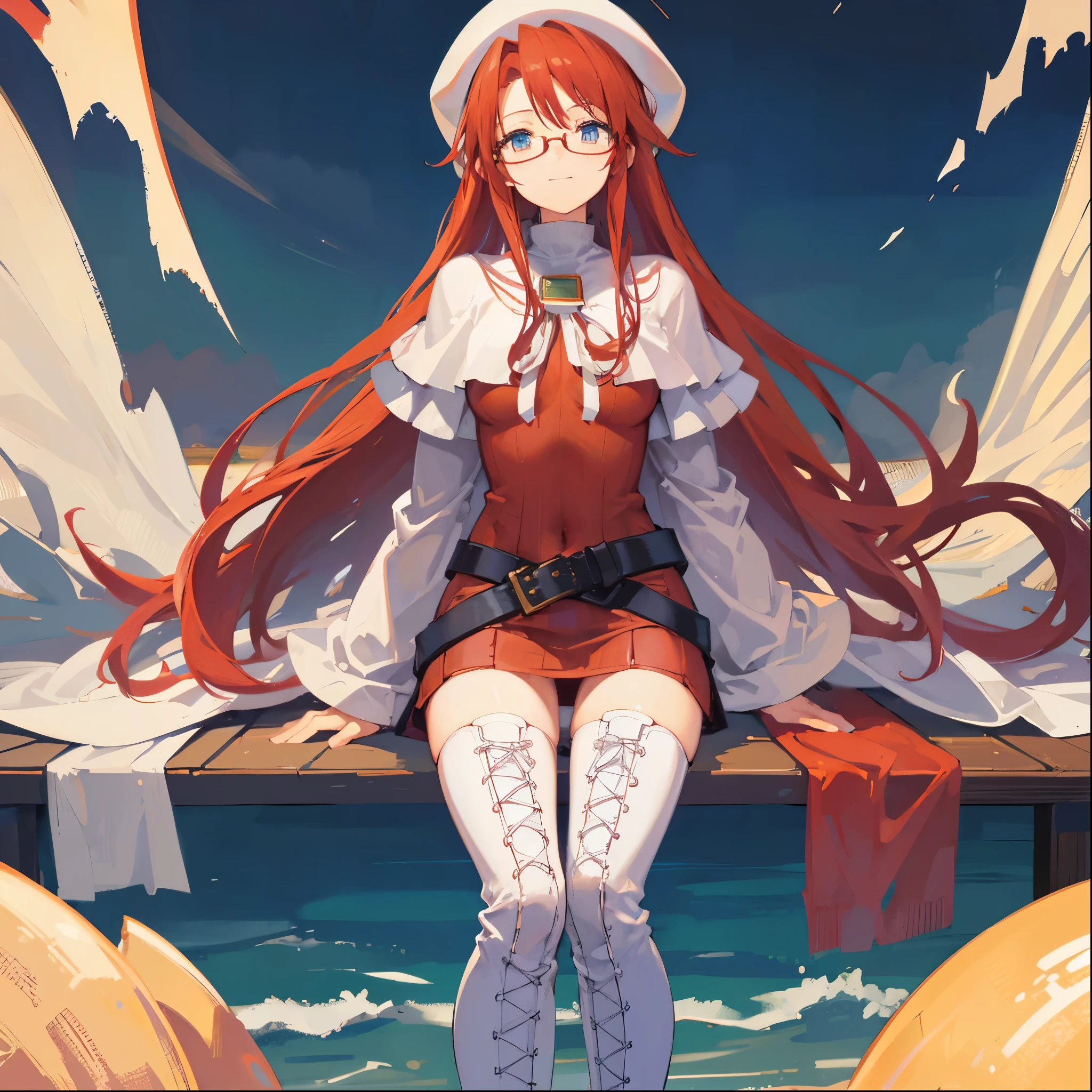 summonnightaty, aty, (young:1.3),long hair, blue eyes, red hair, big_berets, hat, glasses,
BREAK long hair, thighhighs, hat, dress, naked_legs, glasses, belt, cape, sweater, zettai ryouiki, beret, thigh boots, white footwear, ribbed sweater, loose belt,solo,
BREAK outdoors, fantasy,on_beach,
,Highquality_hads,perfect_fingers,
BREAK (masterpiece:1.2), best quality, high resolution, unity 8k wallpaper, (illustration:0.8), (beautiful detailed eyes:1.6), extremely detailed face, perfect lighting, extremely detailed CG, (perfect hands, perfect anatomy),covered_nipples,covered_navel ,half_eyes,long_sword,sleepy,standing,red_sweater,apart_knees,magical_effect,spread_legs, have_a_book,teacher,rise_knee,Smile,rise_hand,look_down_viewer,spread_arms,sea​_waves,looking_into,blue_sky,sitting