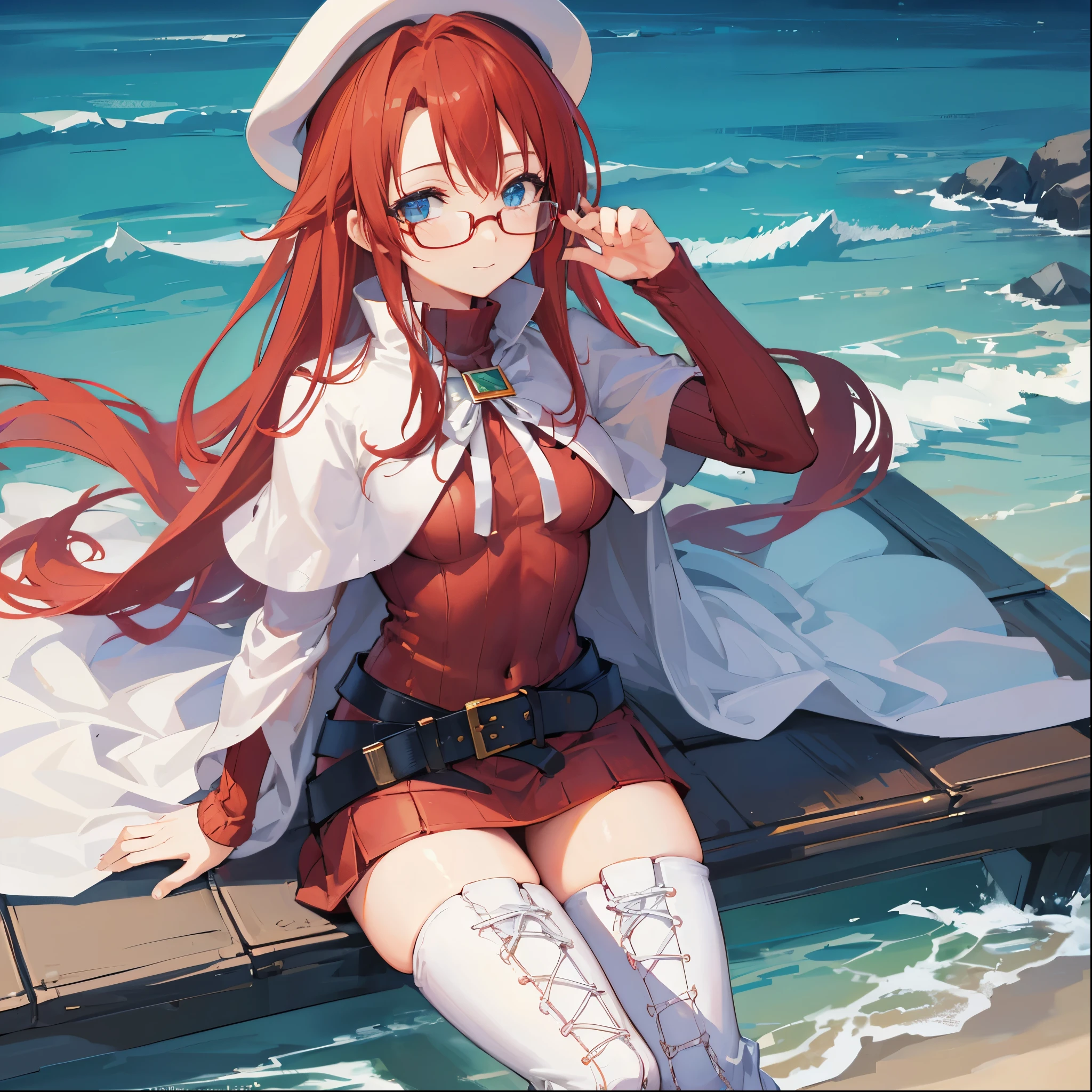 summonnightaty, aty, (young:1.3),long hair, blue eyes, red hair, big_berets, hat, glasses,
BREAK long hair, thighhighs, hat, dress, naked_legs, glasses, belt, cape, sweater, zettai ryouiki, beret, thigh boots, white footwear, ribbed sweater, loose belt,solo,
BREAK outdoors, fantasy,on_beach,
,Highquality_hads,perfect_fingers,
BREAK (masterpiece:1.2), best quality, high resolution, unity 8k wallpaper, (illustration:0.8), (beautiful detailed eyes:1.6), extremely detailed face, perfect lighting, extremely detailed CG, (perfect hands, perfect anatomy),covered_nipples,covered_navel ,half_eyes,long_sword,sleepy,standing,red_sweater,apart_knees,magical_effect,spread_legs, have_a_book,teacher,rise_knee,Smile,rise_hand,look_down_viewer,spread_arms,sea_waves,looking_into,blue_sky,sitting