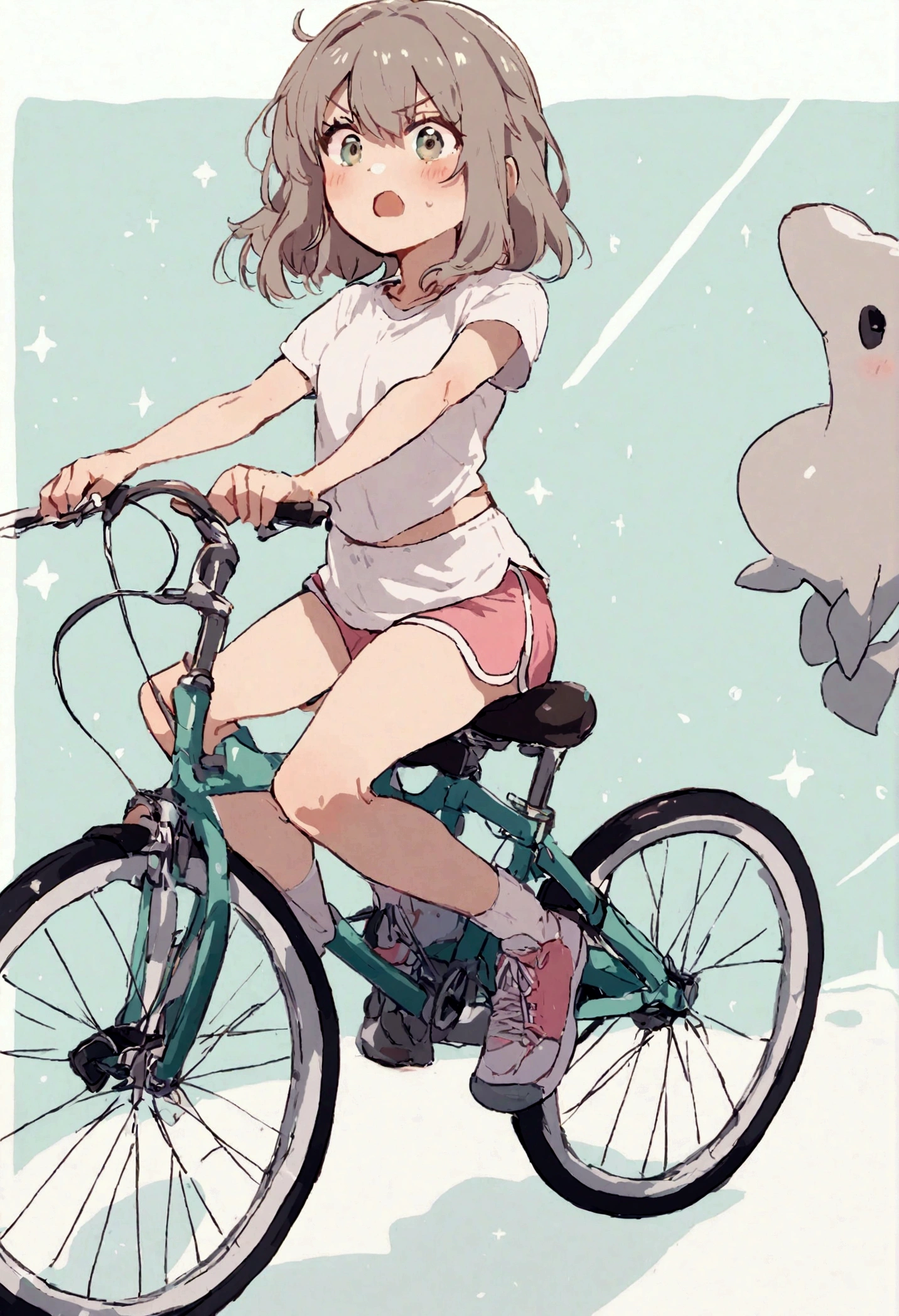 a girl sitting on top of bicycle, spread legs, dolphin shorts