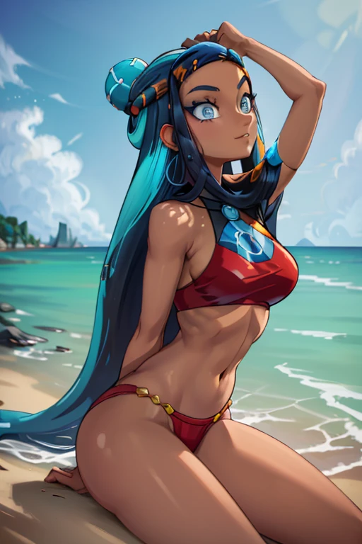 masterpiece, best quality, highly detailed, (Detailed face:1.2), (Detailed eyes:1.2), 1girl, solo, (nessa_pokemon:1.3), dark-skinned female, dark skin, blue eyes, aqua eyes, long hair, black hair, blue hair, aqua hair, multicolored hair, two-tone hair, hair bun, single hair bun, eyeshadow, slim feminine figure, arrogant smile, medium breasts, red bikini, sitting down, arched back, arms raised into the air, legs spread apart, Detailed legs, flexible, stretching, posing, cowboy shot, cinematic composition, (Background: outdoors, day time, beach town, view of the ocean)