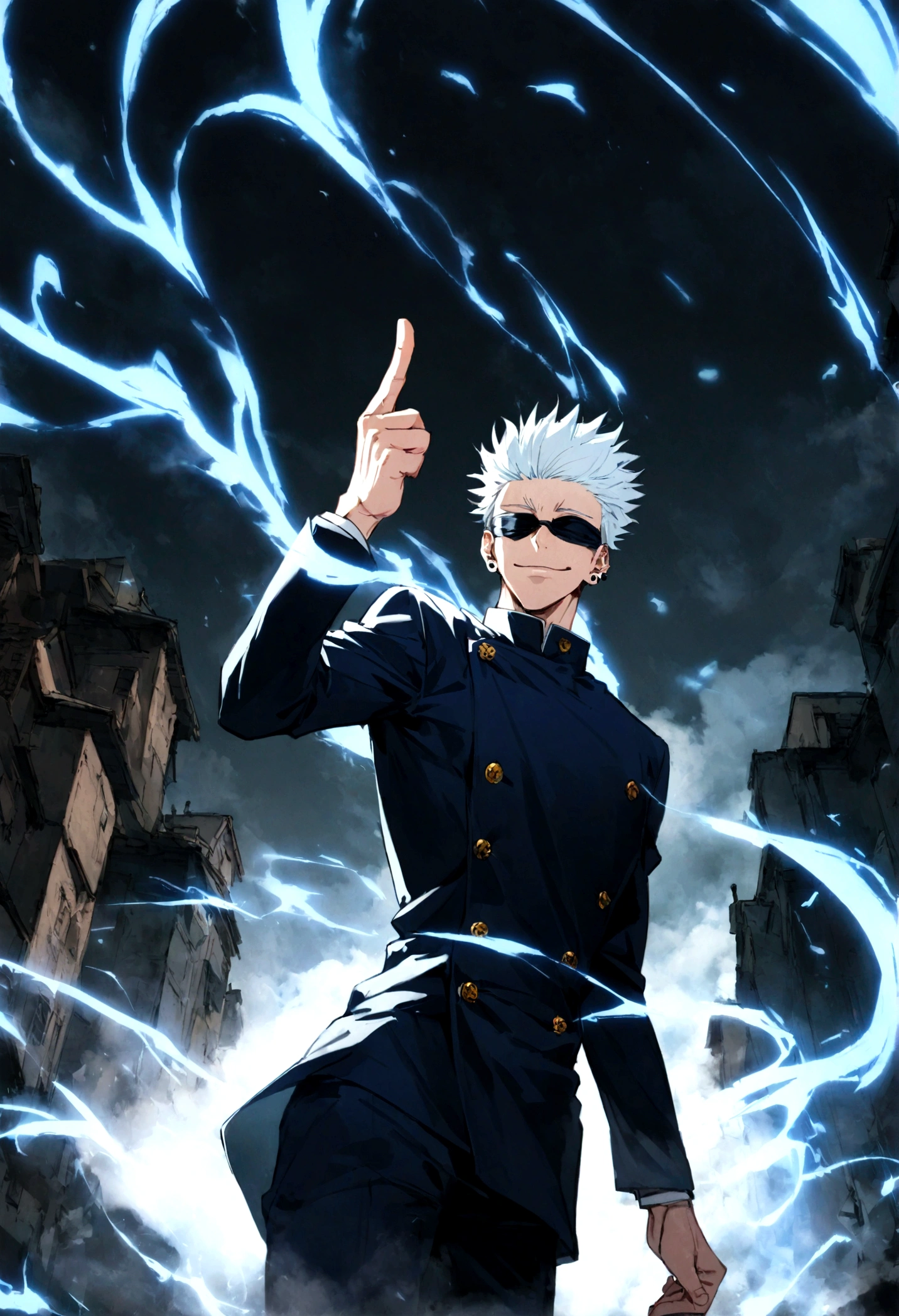 1 male,Satoru Gojo,Jujutsu Kaisen,,Create an image of Satoru Gojo from the manga 'Jujutsu Kaisen' by Gege Akutami. Gojo is a tall, slender man with white hair, usually wearing a black blindfold or sunglasses. He exudes confidence and charisma, often seen with a relaxed smile or a challenging expression. Capture him in a dynamic pose, possibly with one hand raised and a single finger pointed. The background should depict a modern urban landscape or a battle scene with swirling energy effects. Include special effects like a blue aura or energy waves to emphasize his power, and show his piercing blue eyes glowing if his blindfold is off. Make sure to highlight his stylish attire and the dramatic atmosphere.